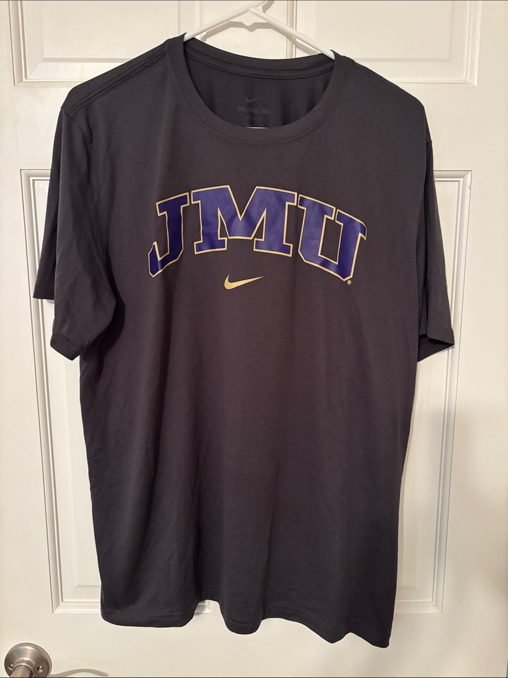 Nike Black JMU Short-Sleeve Graphic Tee with Purple and Gold Logo